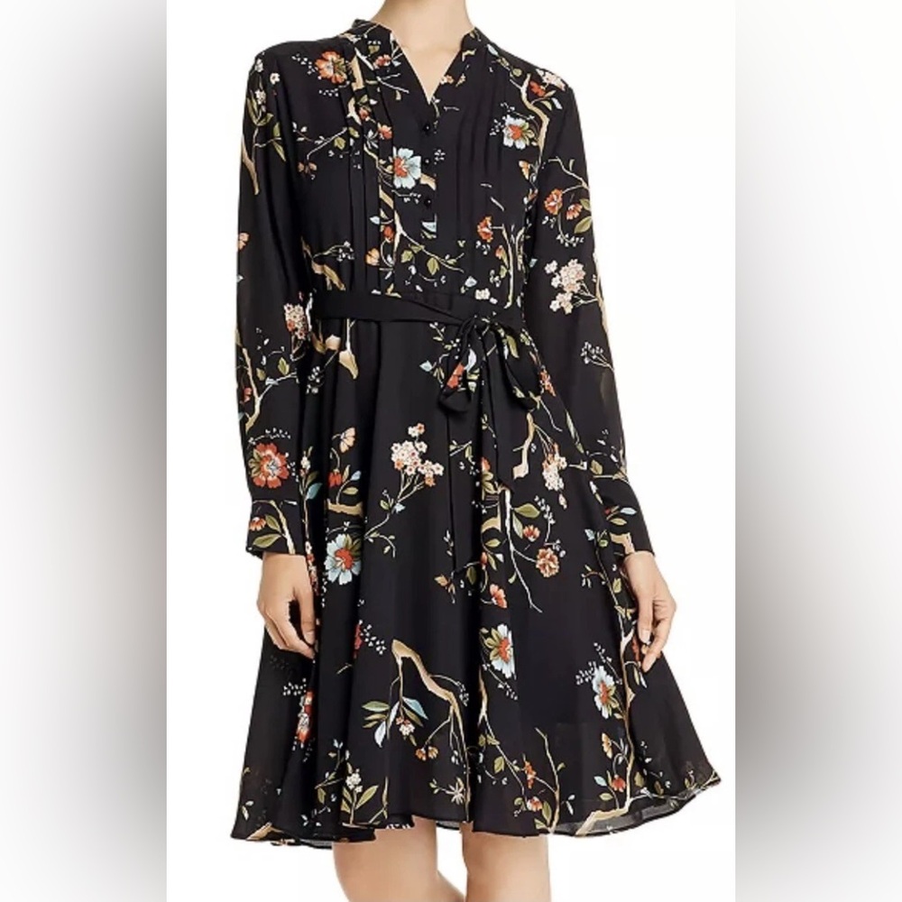 Nanette Leppore Pintucked Floral-Print Shirt Dress in Very Black Multi | Size 2
